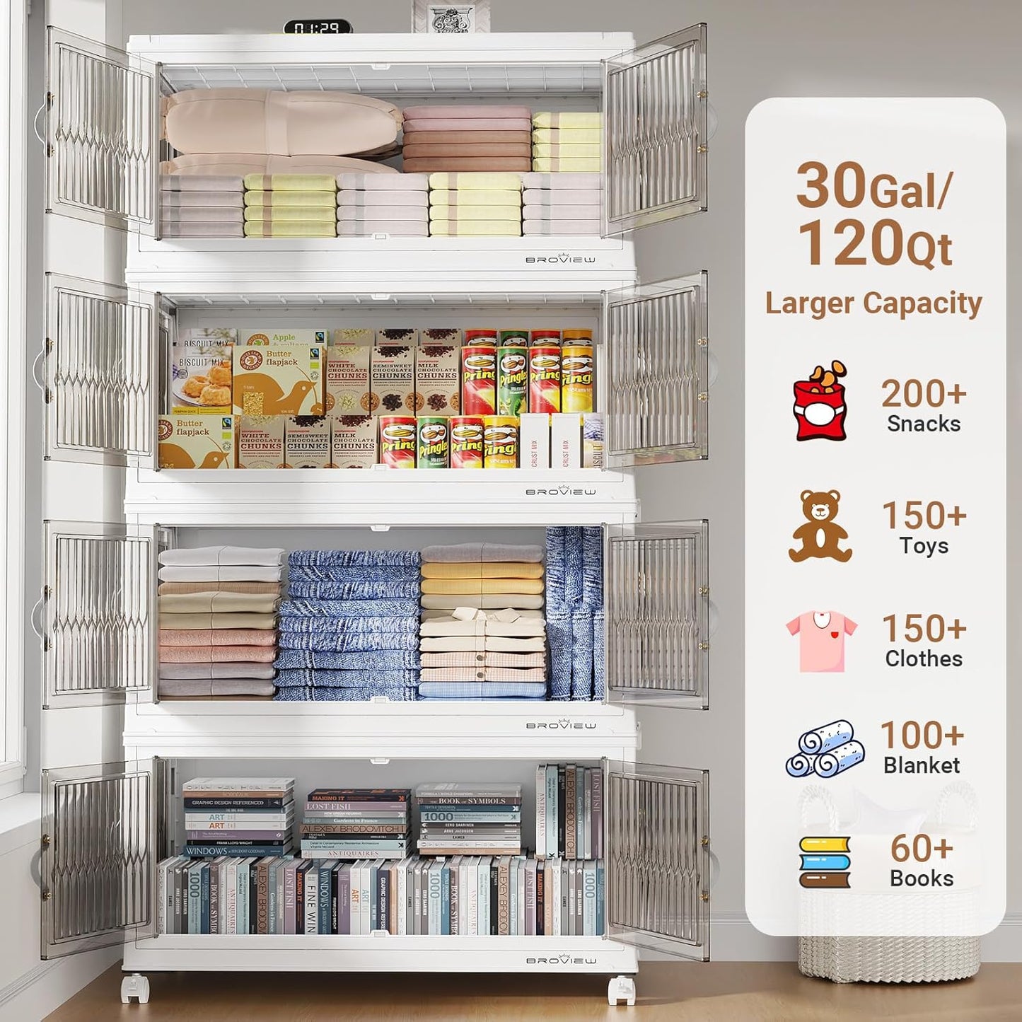 480QT Large Stackable Storage Bins with Lids, Plastic Closet Organizer and Storage Drawer, Collapsible Storage Box with Wheels, Folding Storage Cabinet with Doors for Home Kitchen, 4Pack White