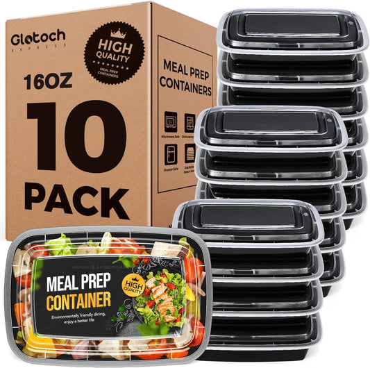 20-Piece (10-Pack) 16 OZ Meal Prep Containers Reusable with Lids, Sturdy Leakproof & Food Safe, Microwave, Freezer, Dishwasher Safe To Go Food Containers, Plastic Take Out Containers, Black