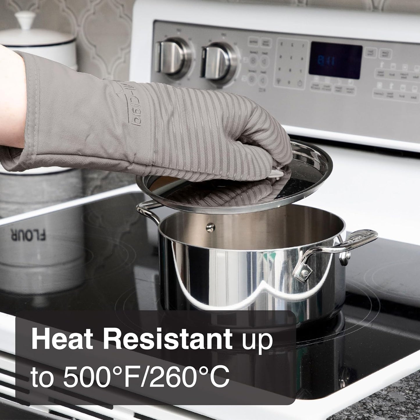 All-Clad Premium Silicone Oven Mitt: Heat Resistant to 500 Degrees - 100% Cotton & Silicone, 14"x7" Pot Holder for Kitchen and Barbeque, (1-Pack), Titanium Gray