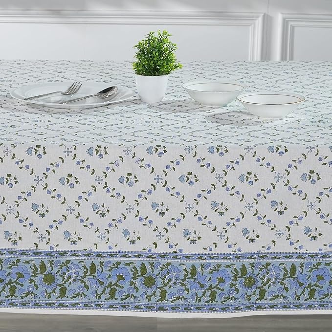 Ridhi Powder Blue Hand Block Print Cotton Rectangle Tablecloth 120 x 60 inch-Reusable Table Cover Decorative Everyday Use for Dining Room, Farmhouse, Thanksgiving, Christmas Wedding, Fall