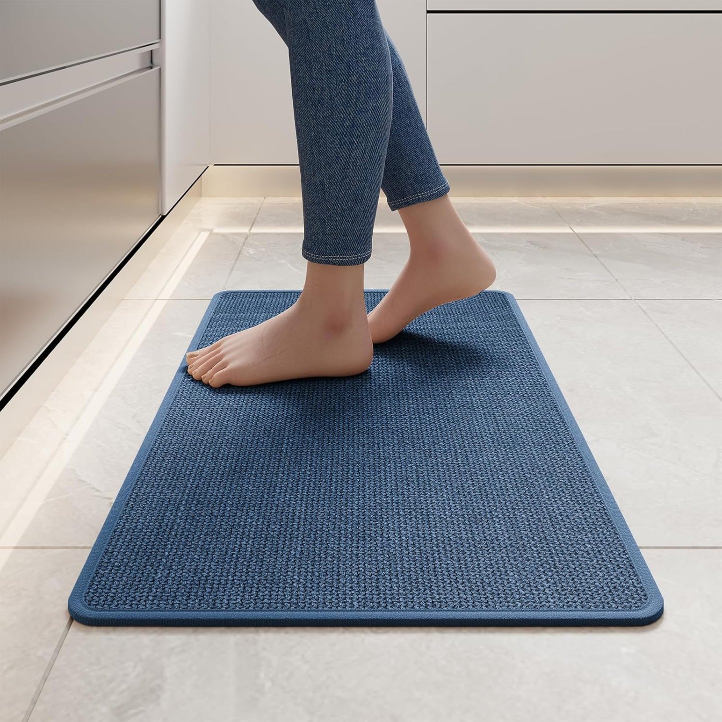Kitchen Mats for Floor, Super Absorbent Kitchen Rugs Non Slip Washable, Soft Imitation Linen Braided Kitchen Runner Rug, Standing Mat Kitchens Sink Mat, Easy to Clean, Blue 17x30