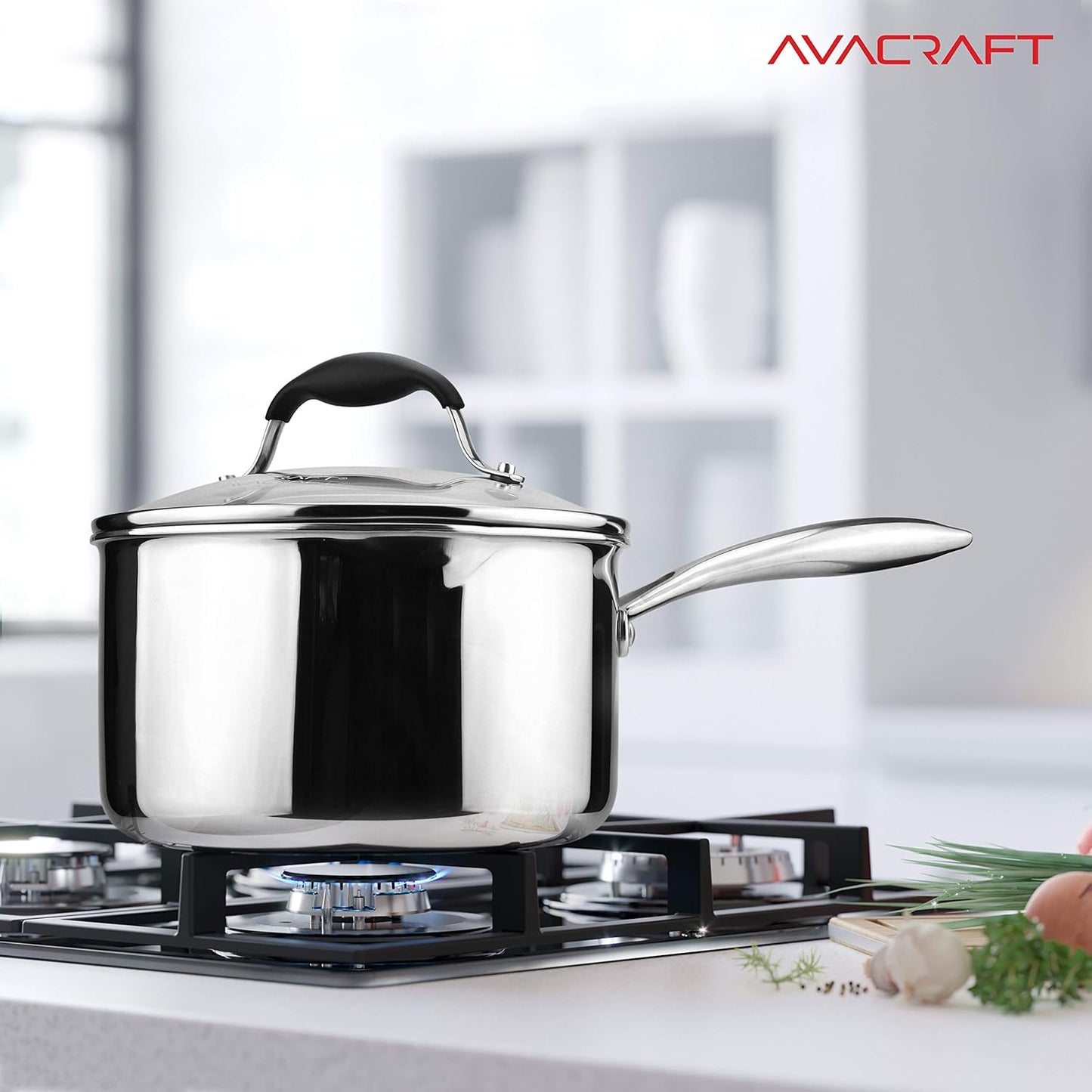 AVACRAFT Tri-Ply Stainless Steel Saucepan with Glass Strainer Lid, Two Side Spouts, Multipurpose Sauce Pan with Lid, Sauce Pot, Cooking Pot (Tri-Ply Full Body, 3.5 Quart)