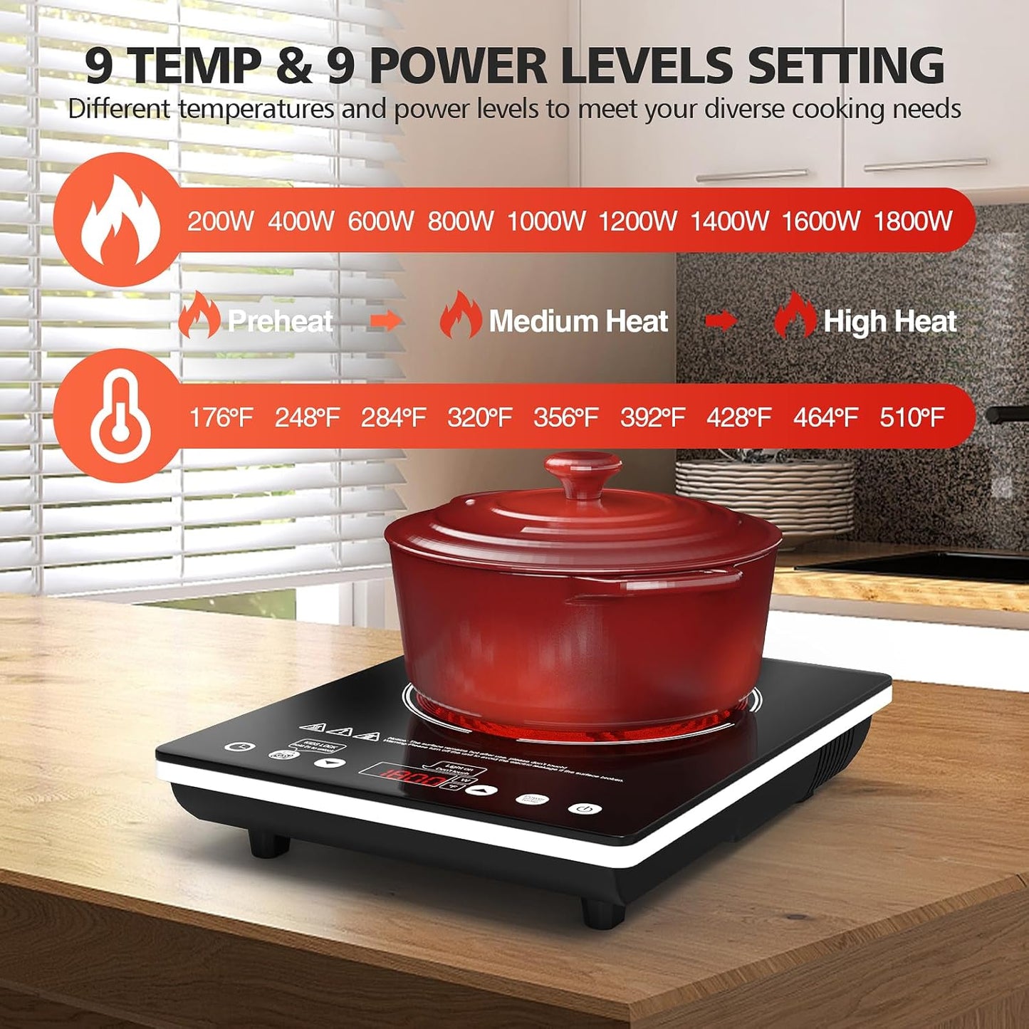 Single Burner Electric Cooktop 1800W - 110V Electric Stove Top Burner Portable Stove with Touch Control 9 Power Level - Induction Cooktop with Child Safety Lock Timer for Home Camping