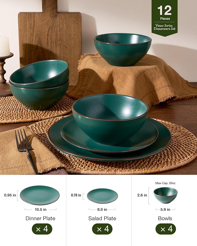 Famiware Venus Plates and Bowls Sets, 12 Pieces Stoneware Speckled Dinnerware Sets, Dishes Set for 4, Microwave and Dishwasher Safe, Matte Dark Green