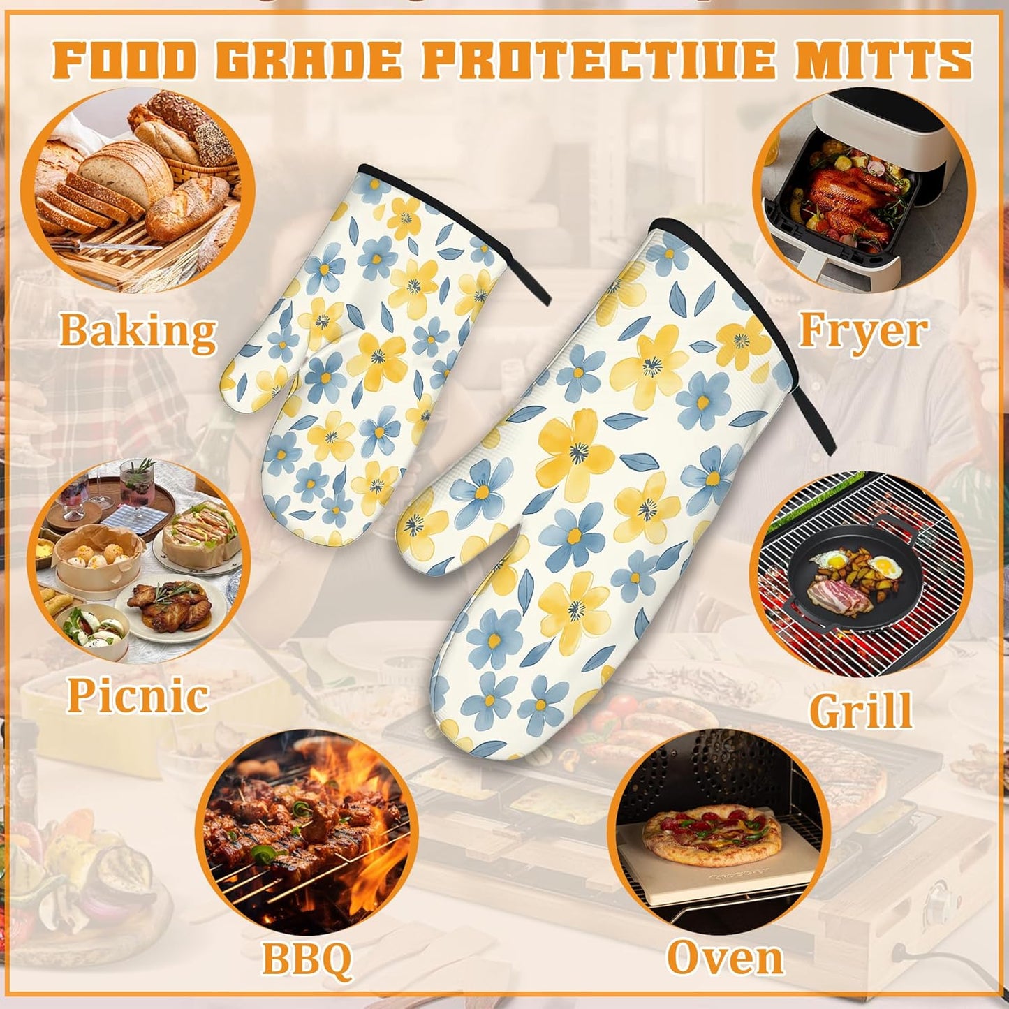 Cute Floral Oven Mitts and Pot Holders,Yellow Blue Flower Heat Resistant Oven Mitts Gloves and Pot Holder for Home Kitchen Decorations Cooking Baking BBQ Gifts,Set of 4