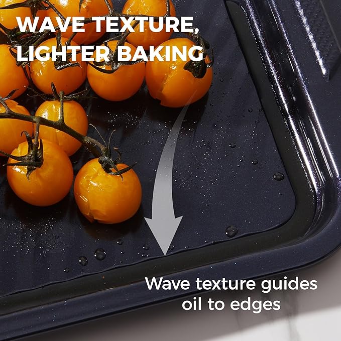 HONGBAKE 9-Piece Baking Pans Set with Wave Texture for Reduced Oil, 0.8mm Thick Bakeware Sets Non Stick, Includes Stackable Cookie Sheets for Oven Cooking, Cake Pan, Muffin Pan, Loaf Pan, Rack, Blue