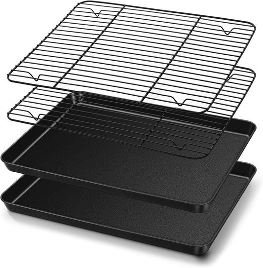TeamFar Baking Sheet with Rack Set, 16 x 12 x 1” Nonstick Cookie Baking Pan Tray with Cooling Rack, for Baking/Roasting/Cooling, Healthy & Heavy-Duty, Easy Clean, Set of 4