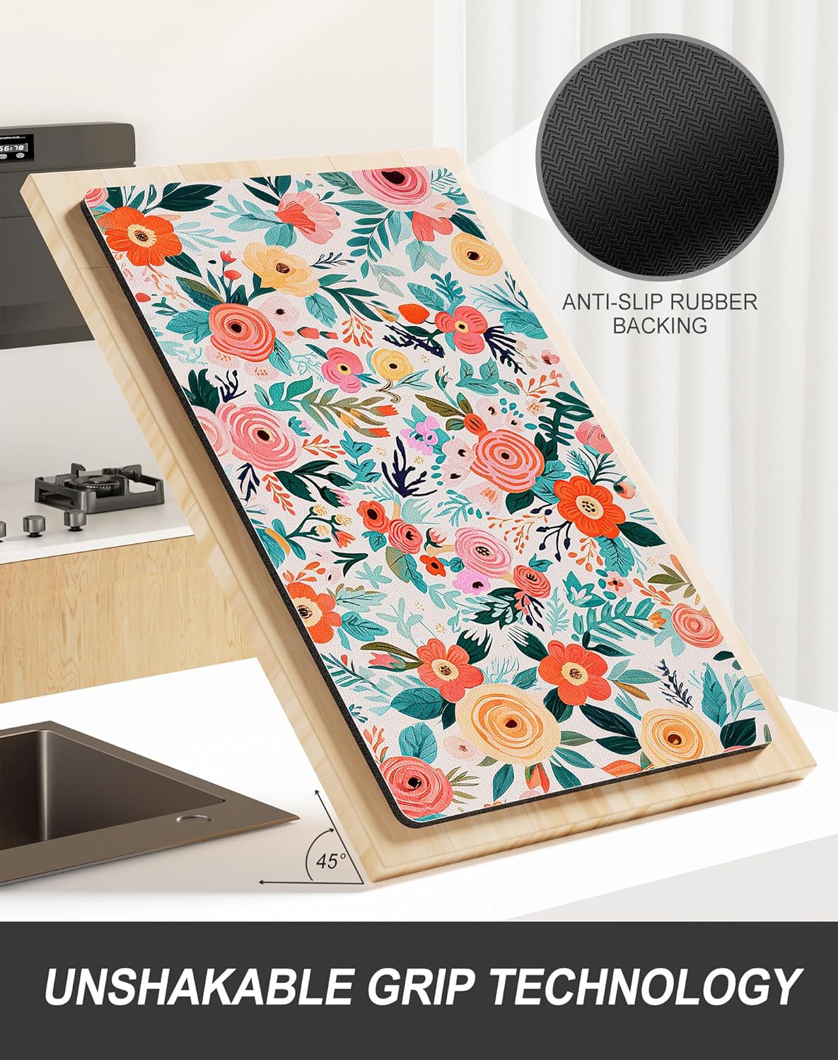 Rnivvi Dish Drying Mat for Kitchen Counter, 12 x 19" Cute Flower Super Absorbent Draining Pad, Non-Slip Heat Resistant Coffee Bar Mats for Coffee Machine Station Accessories, Colorful Dish Rack Pad