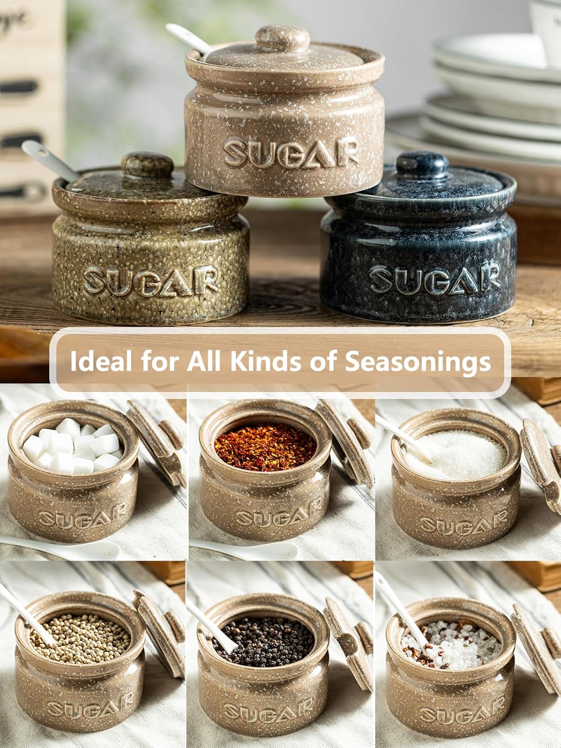 Gomakren Sugar Bowl with Lid and Spoon, Sugar Container Sugar Dish 10oz, Ceramic Sugar Jar for Coffee Bar, Kitchen, Countertop - Modern Farmhouse Kitchen Christmas Decor, Brown