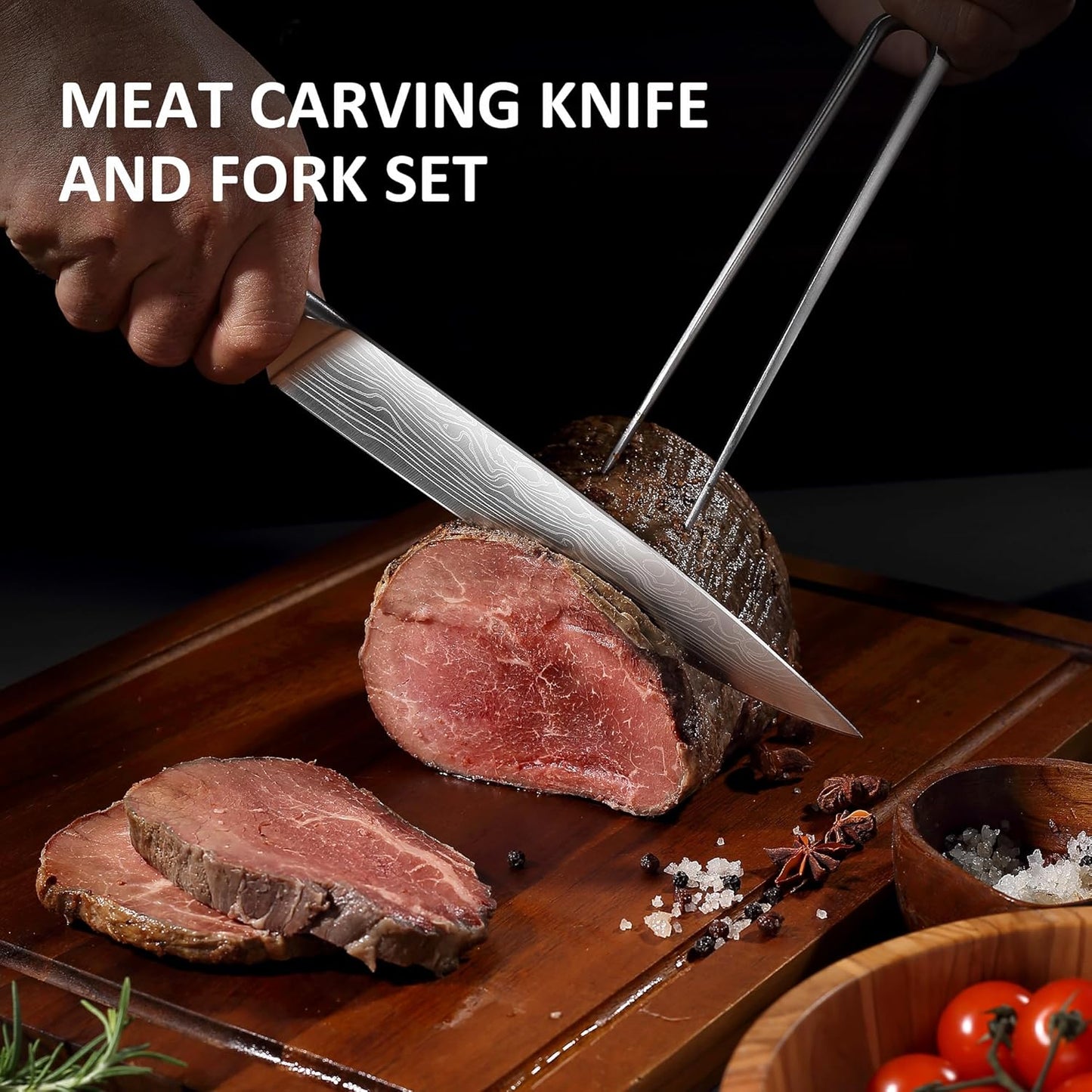 YOTSUBA Carving Knife and Fork Set, Meat Cutting Knife, Razor-Sharp German Stainless Steel Knives Fork Set with Ergonomic Wood Handle, Slicing Knives for Meats, BBQ & Vegetables