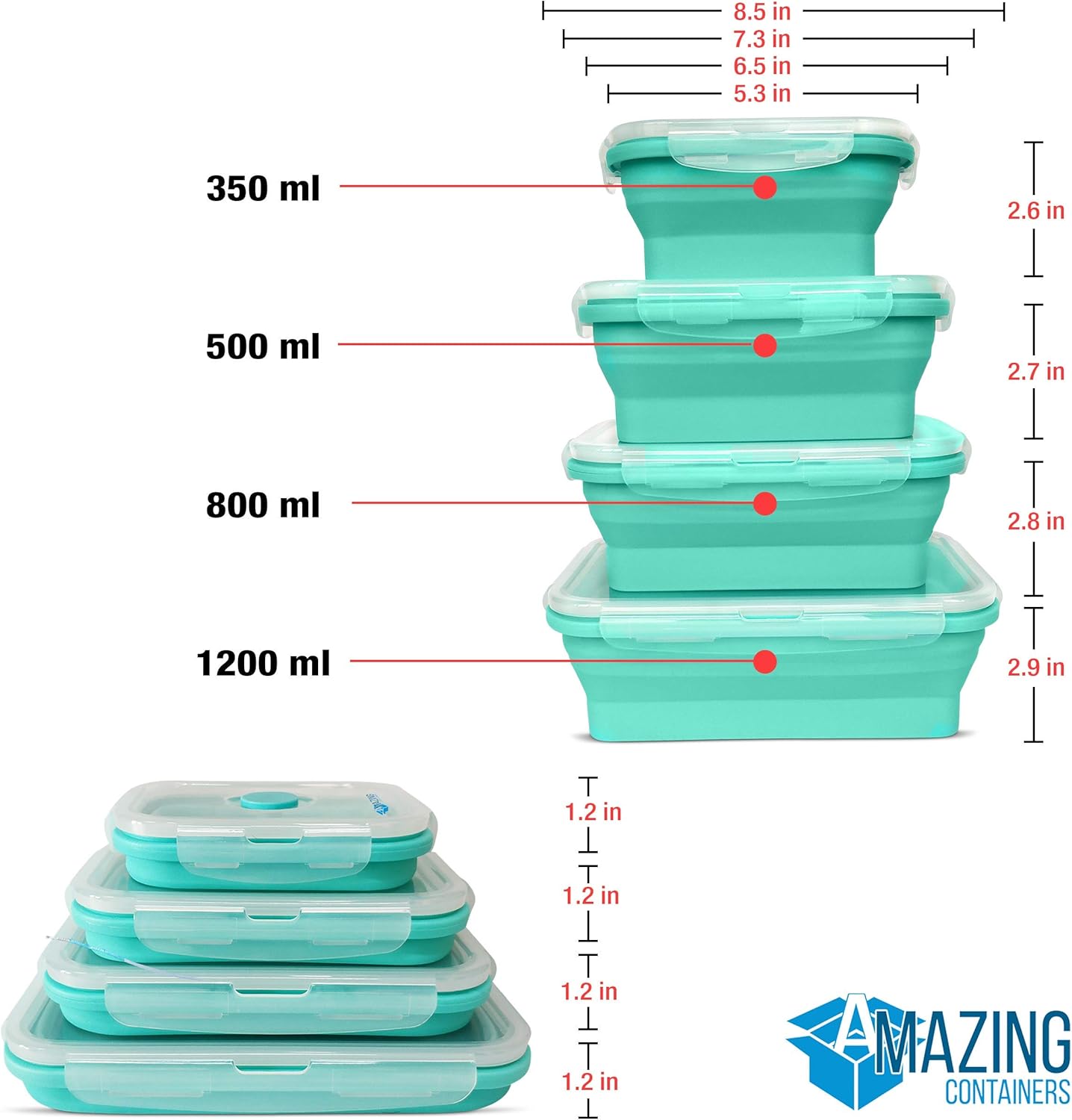 AMAZING CONTAINERS™ Collapsible Silicone Food Storage Container Set of 4 with Lids | Stackable | Microwaveable | Freezer, Dishwasher Safe| BPA Free