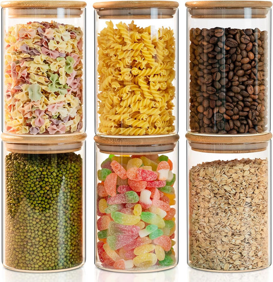 Glass Food Storage Jars 6-Pack 37oz - 4x6 in-Clear Glass Food Canisters with Bamboo Lid Airtight For Serving Tea, Coffee, Flour, Sugar, Candy, Cookie, Spice and More (Circular)