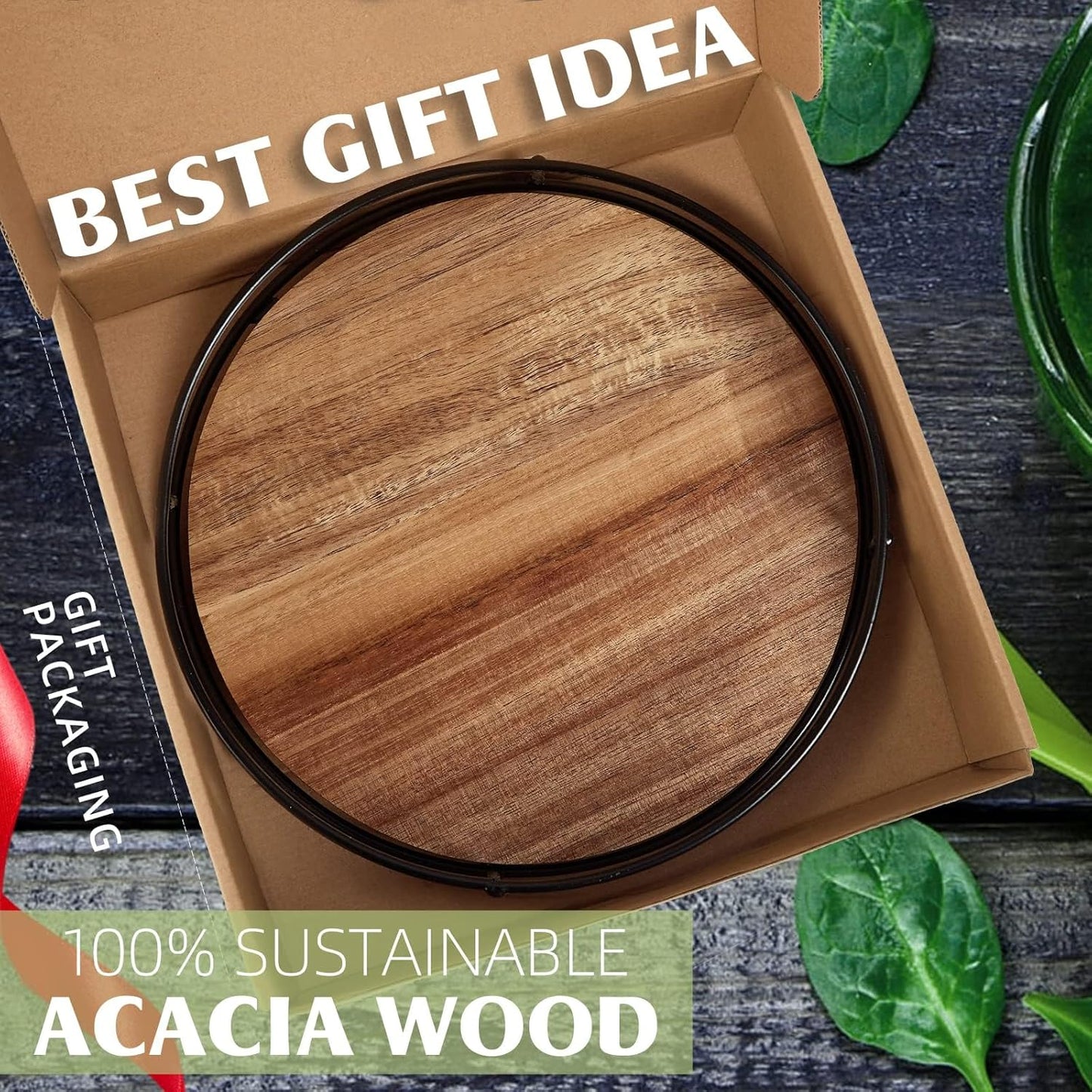 9" Acacia Wood Lazy Susan Turntable, Tomoaza Kitchen Organizer Turntable with Steel Sides, 360 Degree Lazy Susan for Countertop Cabinet or Dining Table