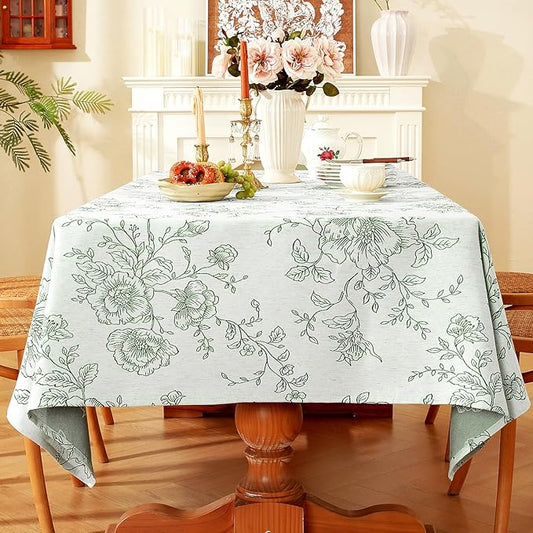 Chassic Premium Vintage Farmhouse Damask Floral 60 x 84 inch Rectangle Table Cloth – Water Resistant Linen Textured Jacquard Tablecloth for Kitchen Dining & Picnic Decor - Green