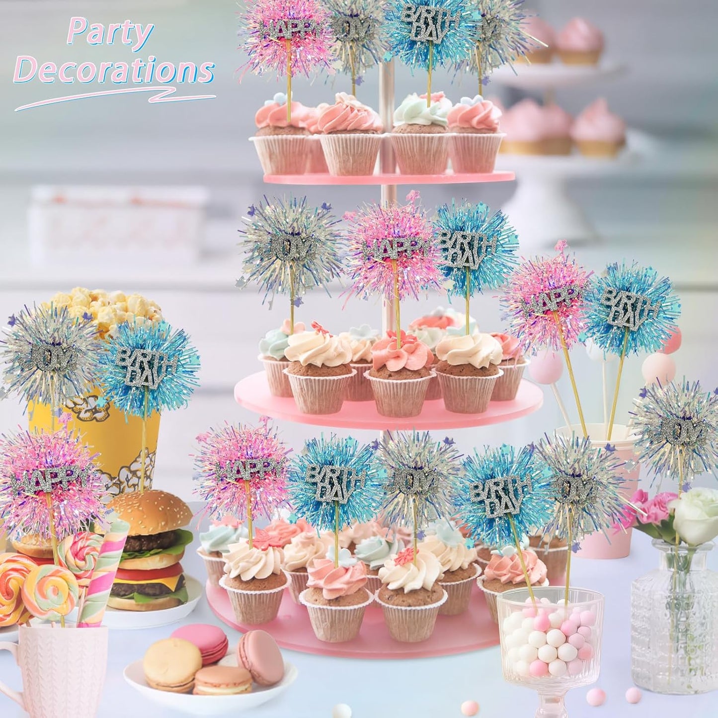 LOLStar 12 Pcs Happy Birthday Cake Toppers, Foil Firework Cupcake Toppers Blue Pink Sparkle Tinsel Drink Stirrers Cake Party Decoration, Cocktail Food Fruit Toothpick for Holiday Photo Booth Props