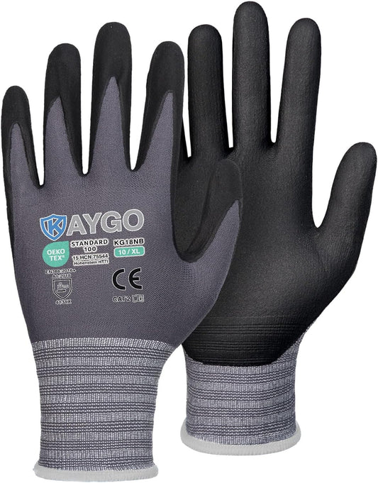 KAYGO Safety Work Gloves MicroFoam Nitrile Coated, 3 Pairs KG18NB,Seamless Knit Nylon Glove for Men and Women, Ideal for Automotive,Warehouse,Construction (X-Large,Gray)