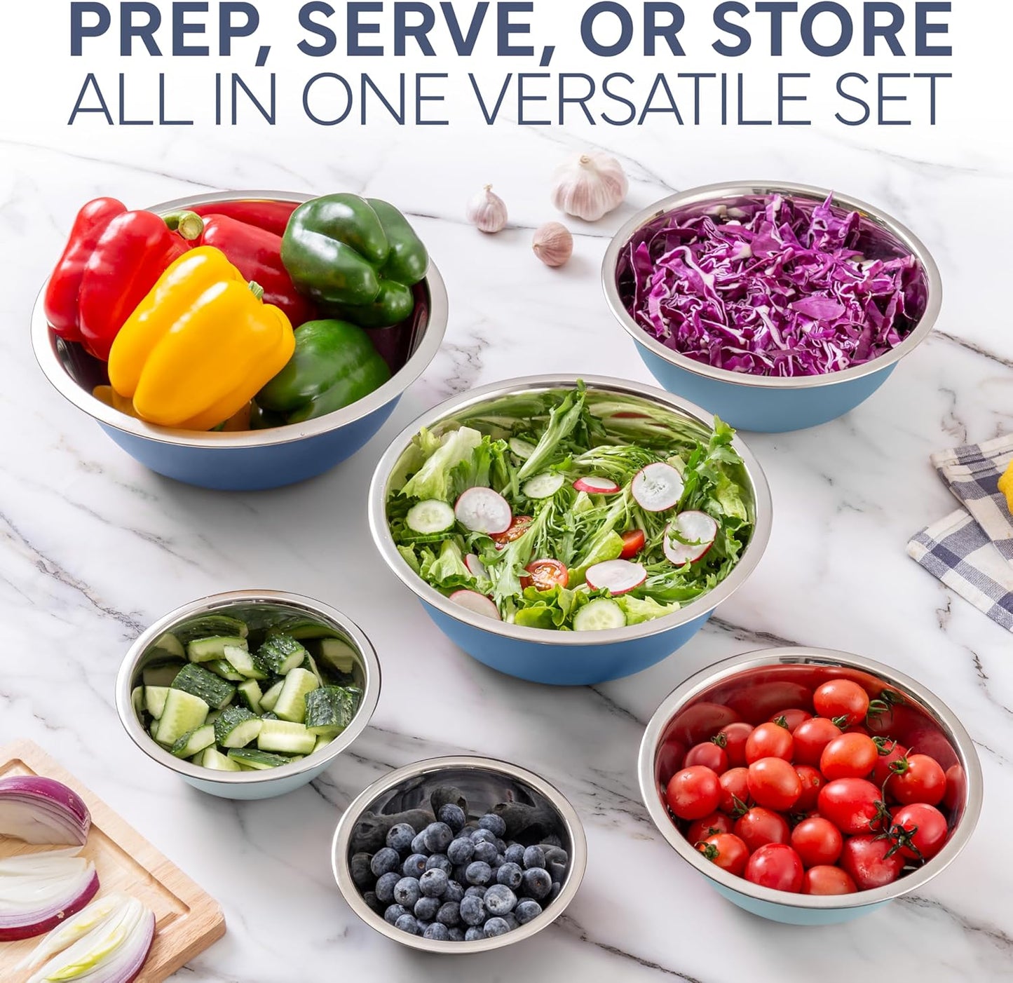 COOK WITH COLOR Stainless Steel Mixing Bowls Set - Nesting Bowls, 6 Pieces, Blue