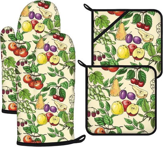 Fruit Oven Mitts and Pot Holders Sets 4Pcs,Extra Long Oven Gloves Potholder for Kitchen Cooking Baking BBQ 100% Cotton Heat Resistant