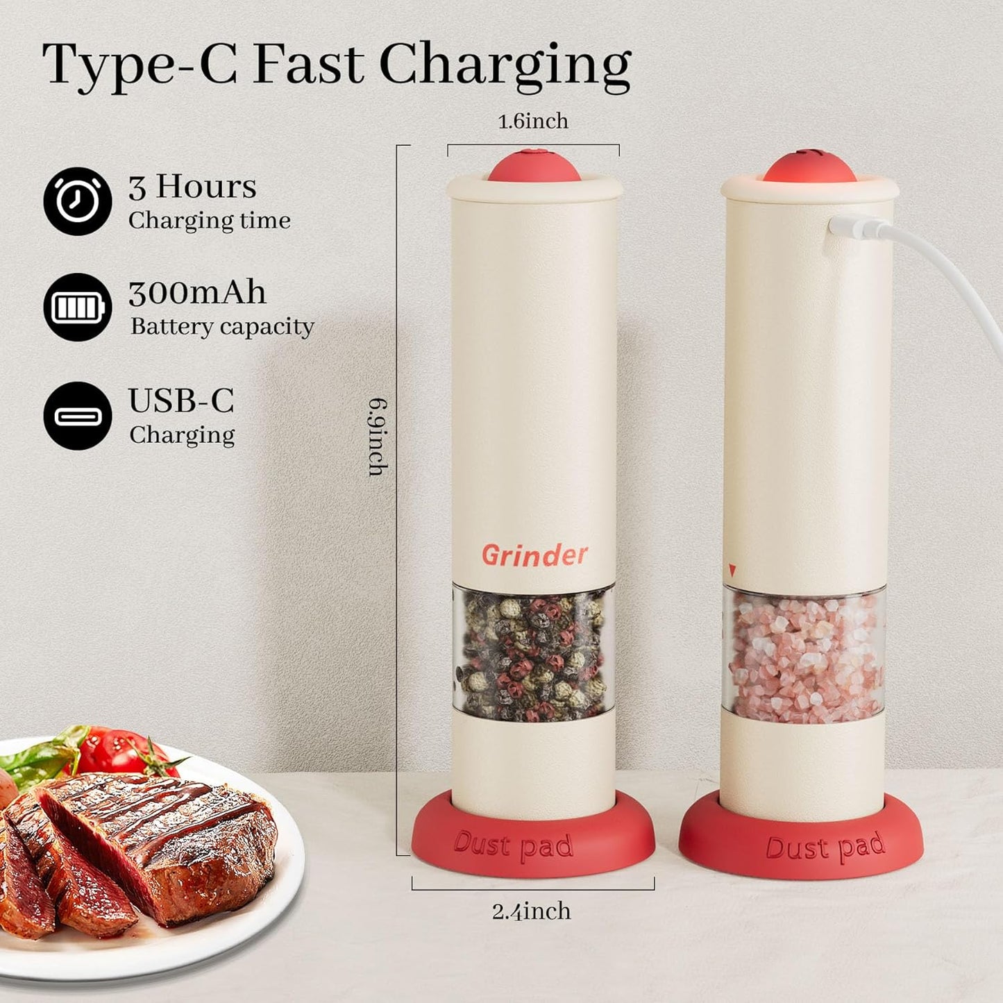 Electric Salt and Pepper Grinder Set, USB Rechargeable Adjustable Coarseness Automatic Salt Pepper Mill Shakers/Grinder Kitchen Spice Mill for Outdoor, Home Chefs, New House Warming Gifts