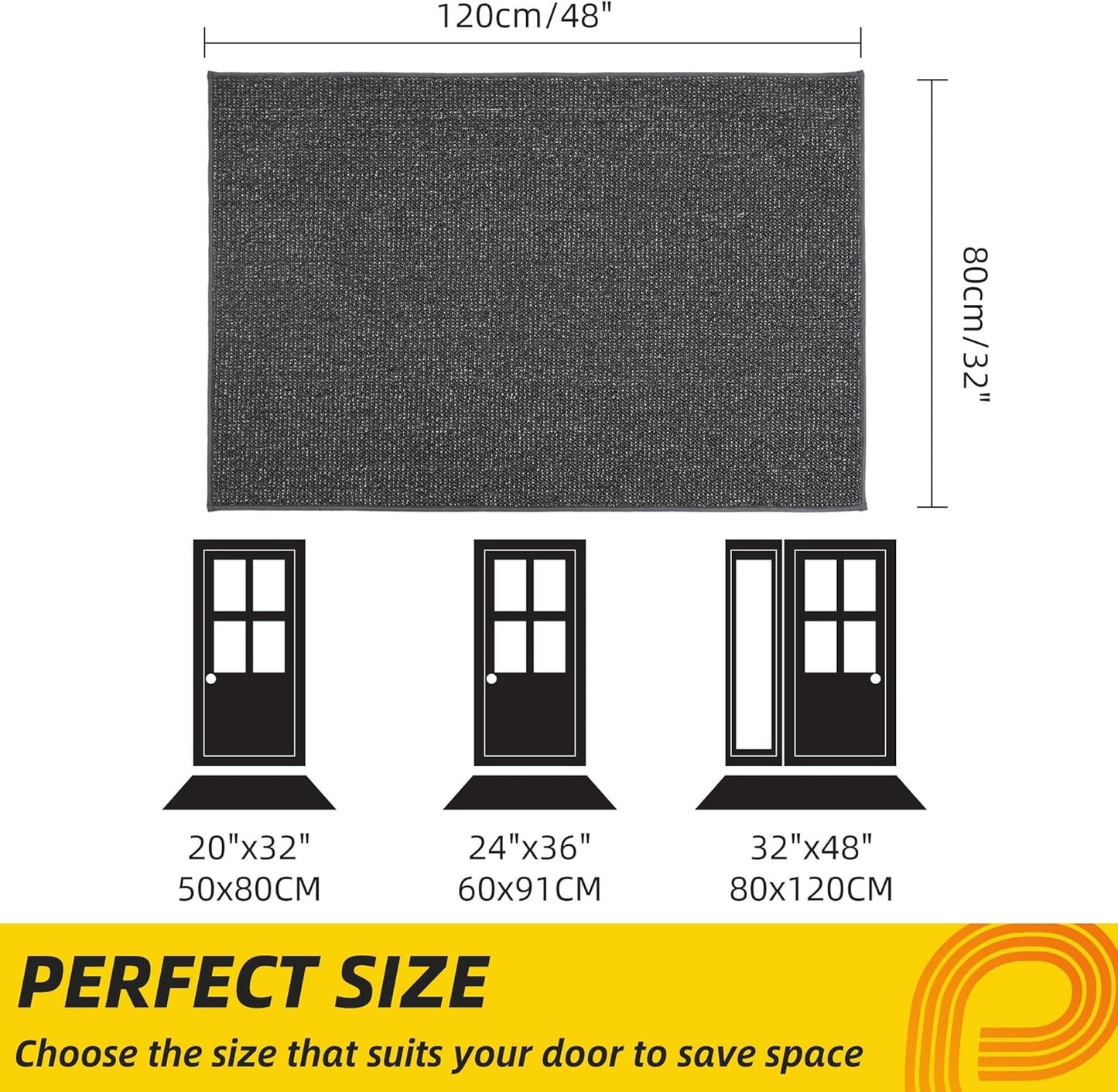 JSEI Dirt Trapper Door Mat 32"x48" Non-Slip Washable Entrance Mat, Dog Doormats, Absorbent & Fade-Resistant Floor Mats, Low Profile Welcome Mats for Entryway, Front Door, and Inside Entrance,Dark Grey