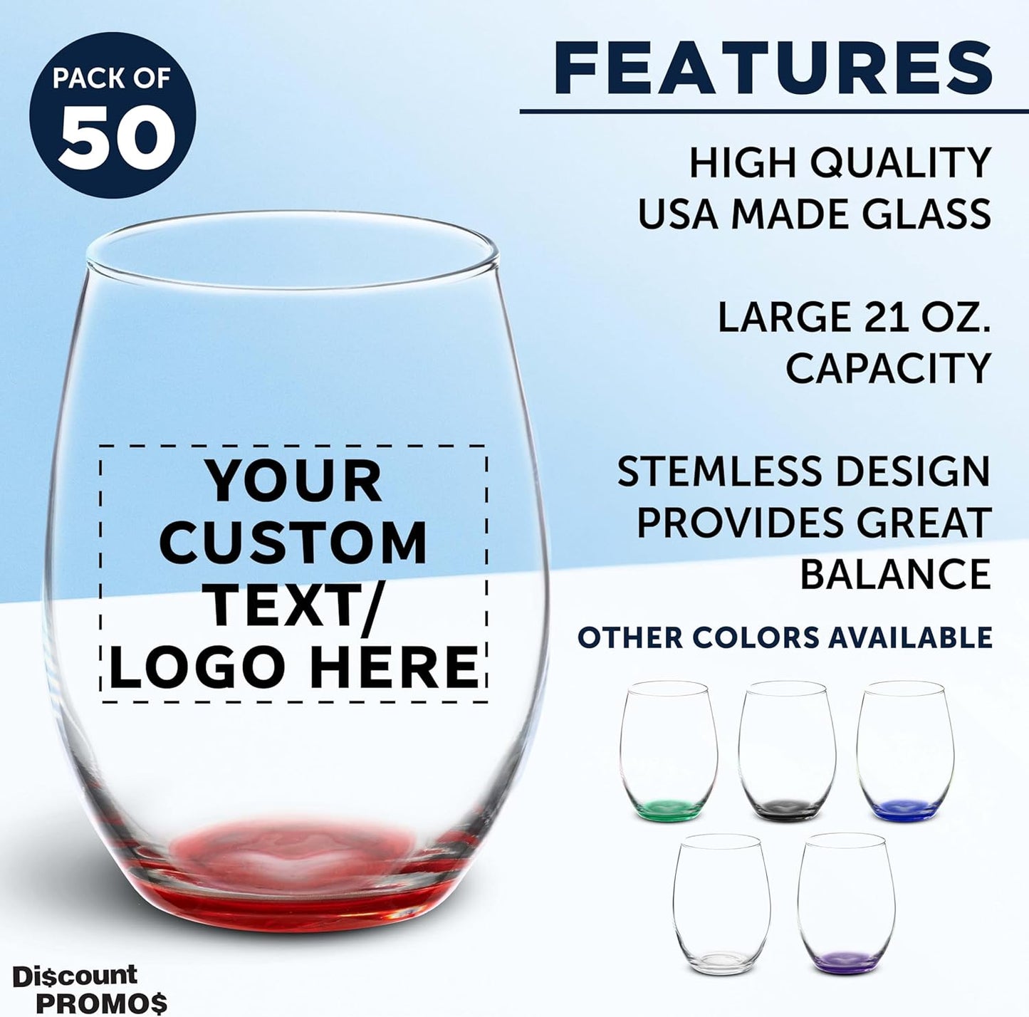 DISCOUNT PROMOS 50 ARC Stemless Wine Glasses Set, 21 oz. - Customizable Text, Logo - Chardonnay, Cabernet, Merlot, Sauvignon - Red