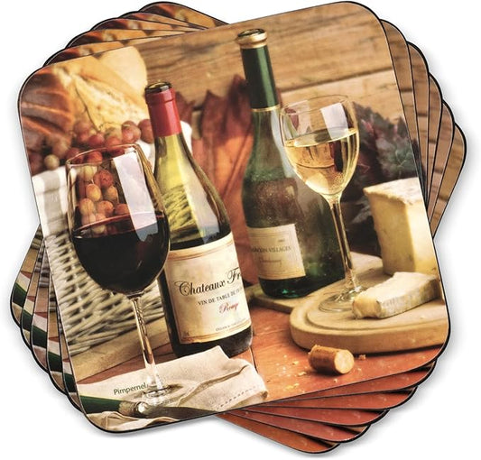 Pimpernel Artisanal Collection Coasters, Set of 4 – 4" Square 5mm Cork-Backed Drink Mats with Cheese & Grapes Art Print, Heat & Stain Resistant Lacquered Board for Dining Table Protection