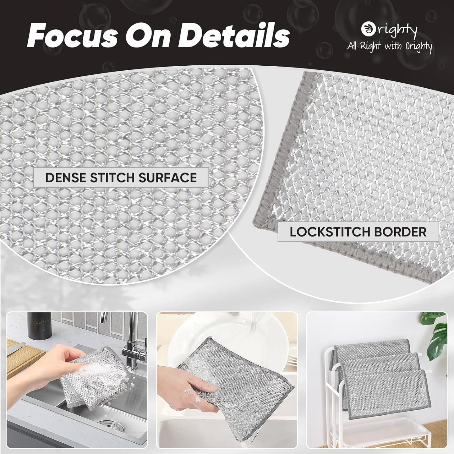 Orighty 12 Pcs Multipurpose Wire Dishwashing Rag, Non-Scratch Wire Dish Cleaning Cloths for Wet and Dry, Reusable Steel Scrubber for Kitchen, Powerful Dishcloth Rag for Cookware, Dish, Stove-7"x8"