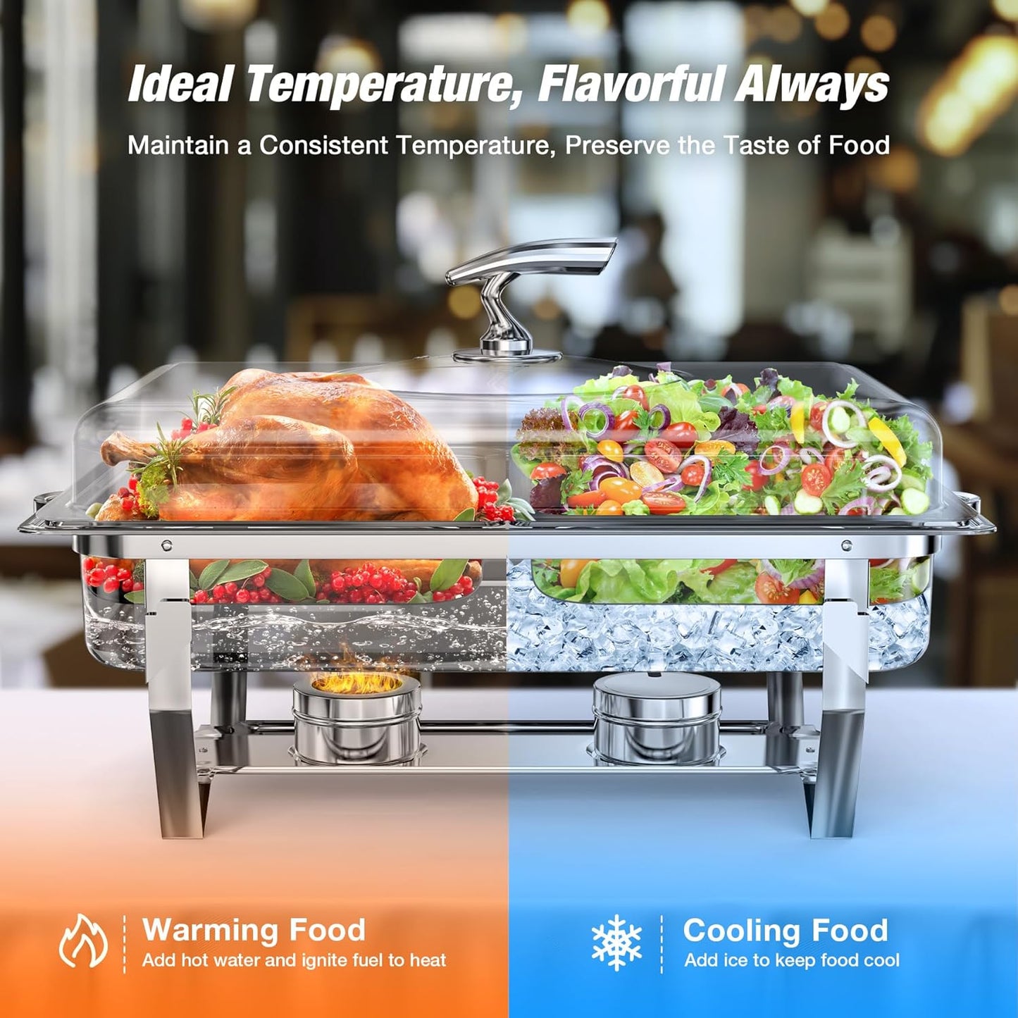 Chafing Dishes for Buffet with Glass Lid (9QT, 4Pack) - Food-Grade Stainless Steel, Rolled Edge Design, Foldable Frame, Lid Holder, Buffet Servers and Warmers Parties, Catering, Weddings