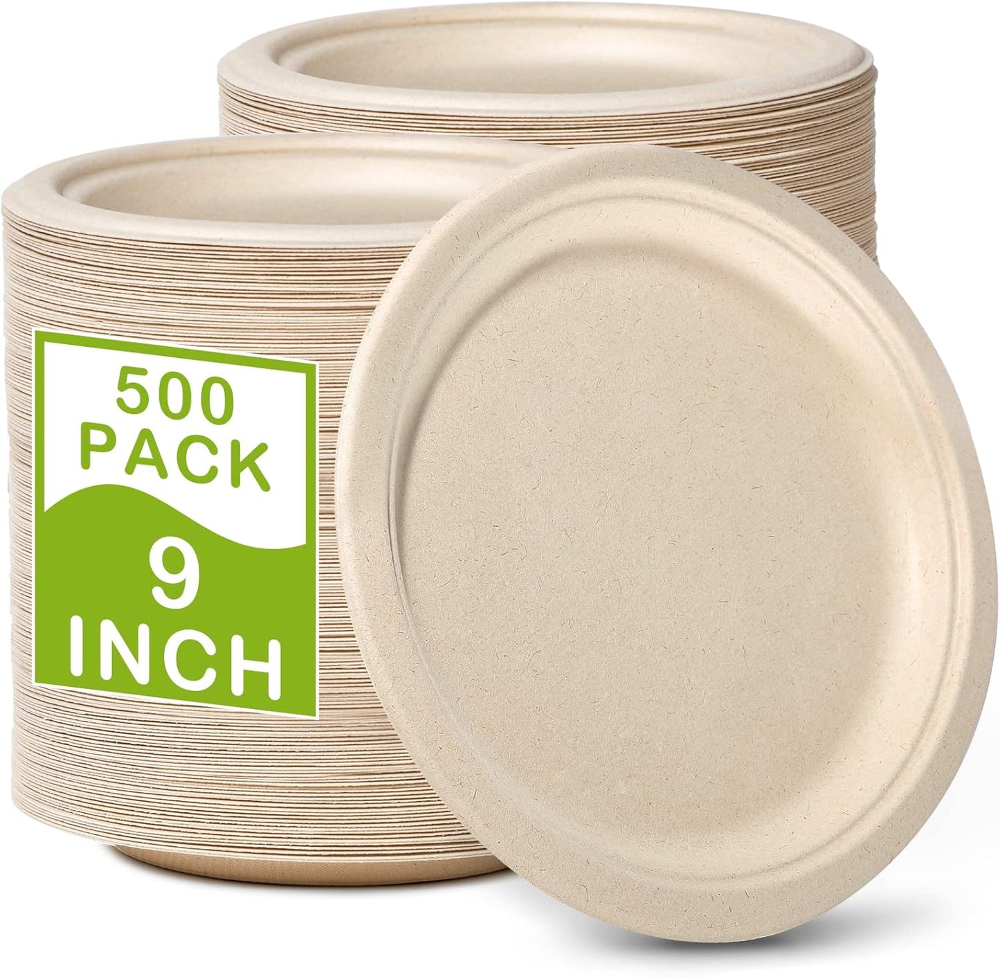 Paper Plates Bulk 500 Count, 100% Compostable Paper Plates 9 inch, Eco Friendly Recycled Paper Plates, Brown Paper Plates Heavy Duty for Party, Picnic, BBQ