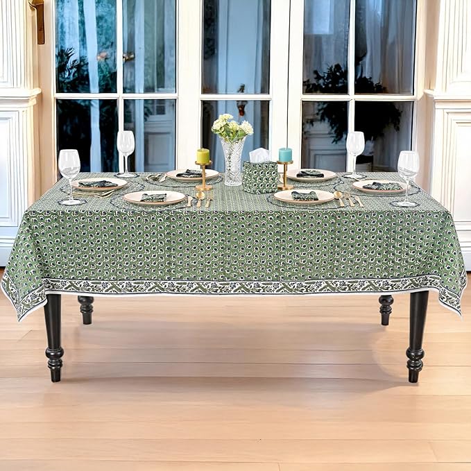 Ridhi Basil Green 60 x 90 Inches Rectangular Cotton Washable Tablecloth, Hand Block Print Floral, for Kitchen, Dining, Spring, Easter, Wedding, Birthday, Bridal