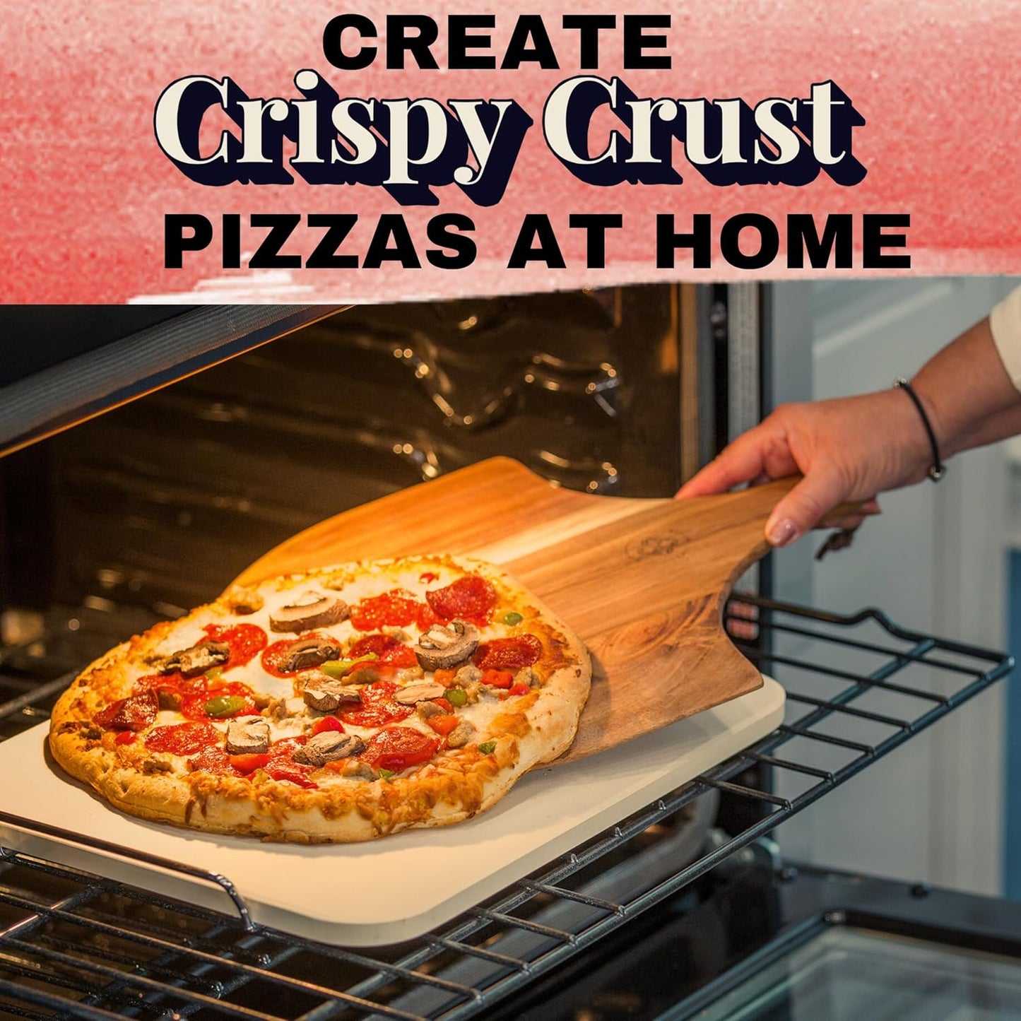 Pizza Stones for Oven - Pizza Stone for Grill with Handles, Wooden Peel and Dough Cutter - 15 inch x 12 inch Grilling Stones - Baking Stone for Bread - Pizza Making Set