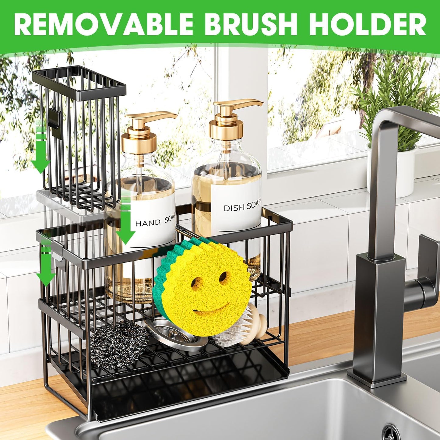 Sponge Holder for Kitchen Sink, 2 Tier Smiley Face Sink Caddy Organizer with High Brush Holder, Self-Draining Sponge Holder for Sinks, Soap Dispenser Organizer, Rustproof 304 Stainless Steel