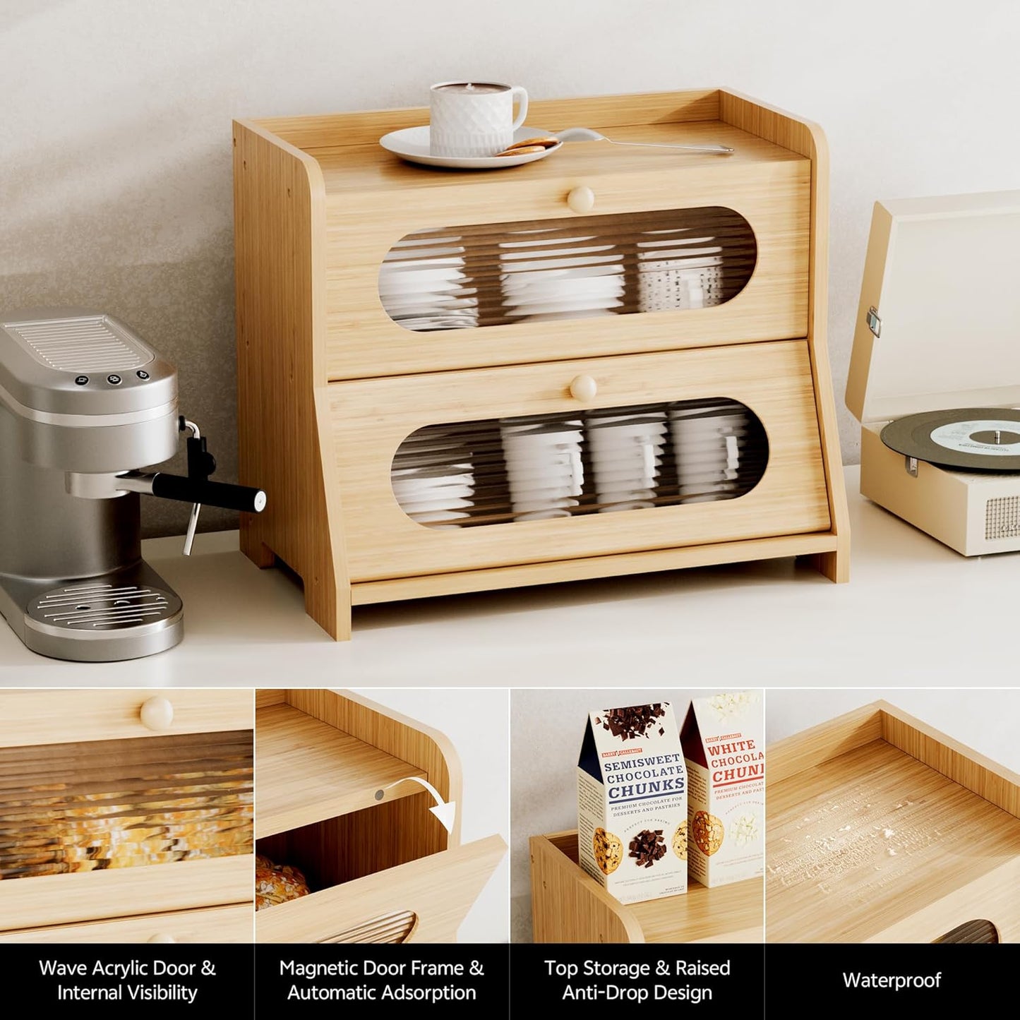 Bread Box for Kitchen Countertop,Double Layer Large Capacity Bamboo Bread Storage Container with Acrylic Wavy Door Panel for Kitchen Counter,Cabinet,Pantry(Natural Bamboo)