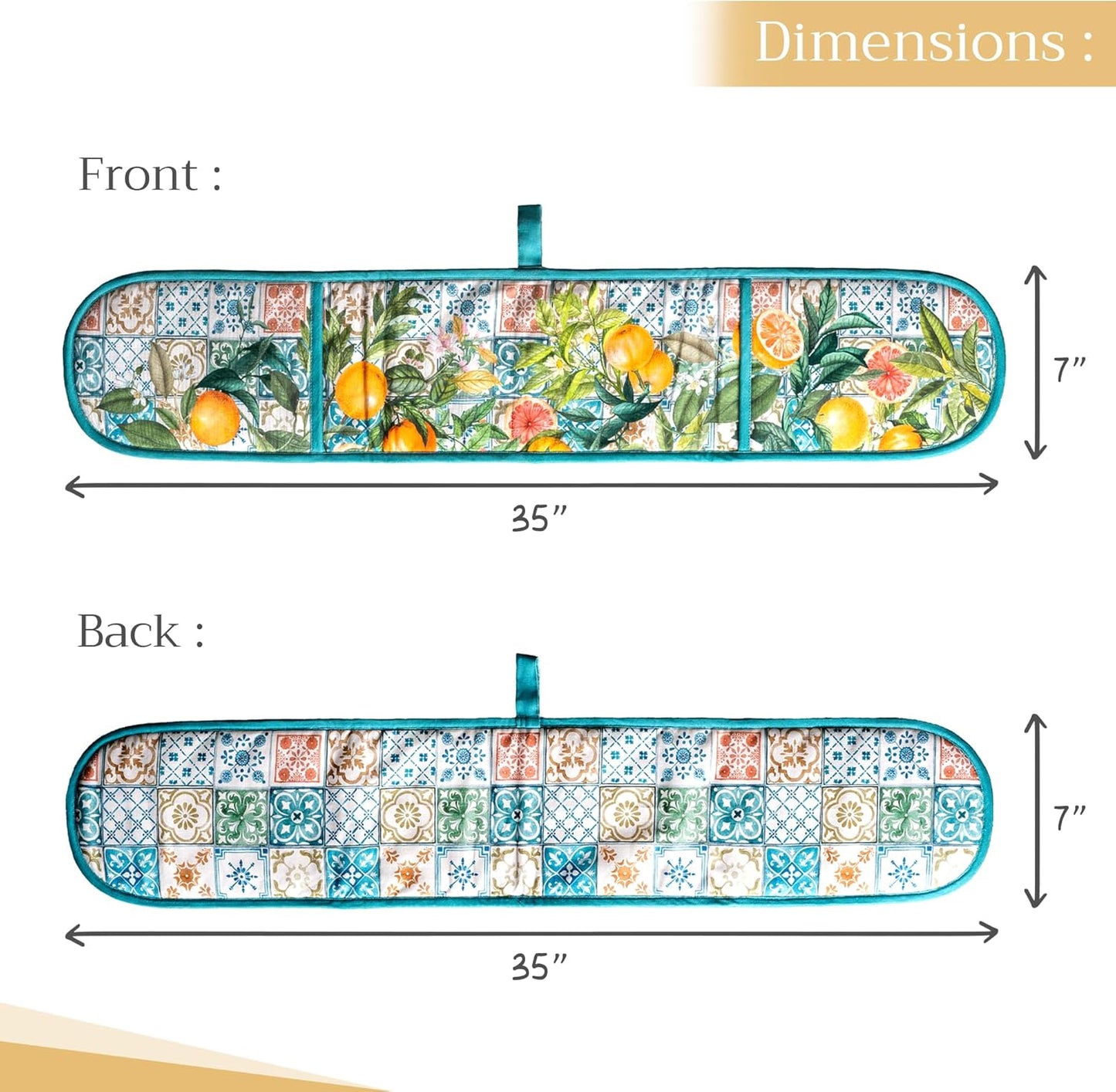 Maison d' Hermine Double Oven Mitts 100% Cotton 7"x35" Double Oven Mitt Heat Resistant BBQ Cooking Gloves with Loop, Baking, Grilling, Home, Kitchen, Handling Hot Pans Spring Summer (Agrume)