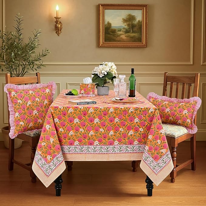 Ridhi Bubblegum Pink Hand Block Print Cotton Rectangle Tablecloth 120 x 60 inches Reusable Table Cover Decorative Everyday Use for Dining Room, Farmhouse, Home, Party, Festive & Wedding, Fall