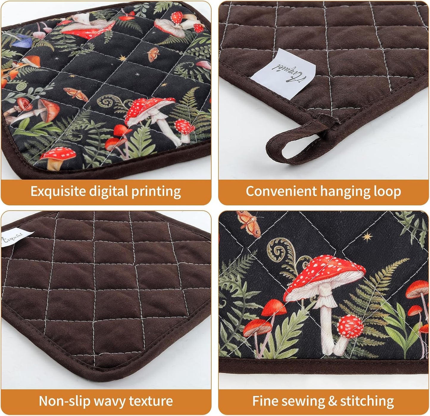 Mushroom Grass Oven Mitts and Pot Holders Sets 4Pcs, 100% Cotton Heat Resistant, Extra Long Oven Gloves Potholder for Kitchen Cooking Baking Decoration