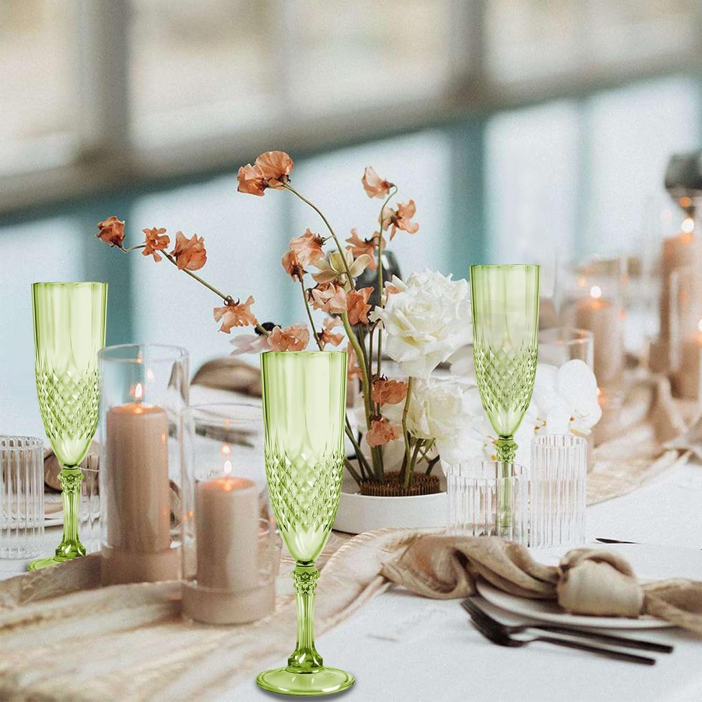 Plastic Champagne Flutes, 24PCS Green Plastic Wine Glasses Goblets Reusable Champagne Flute for Weddings, Bachelor Parties, Toasting, and Events(24, Green)