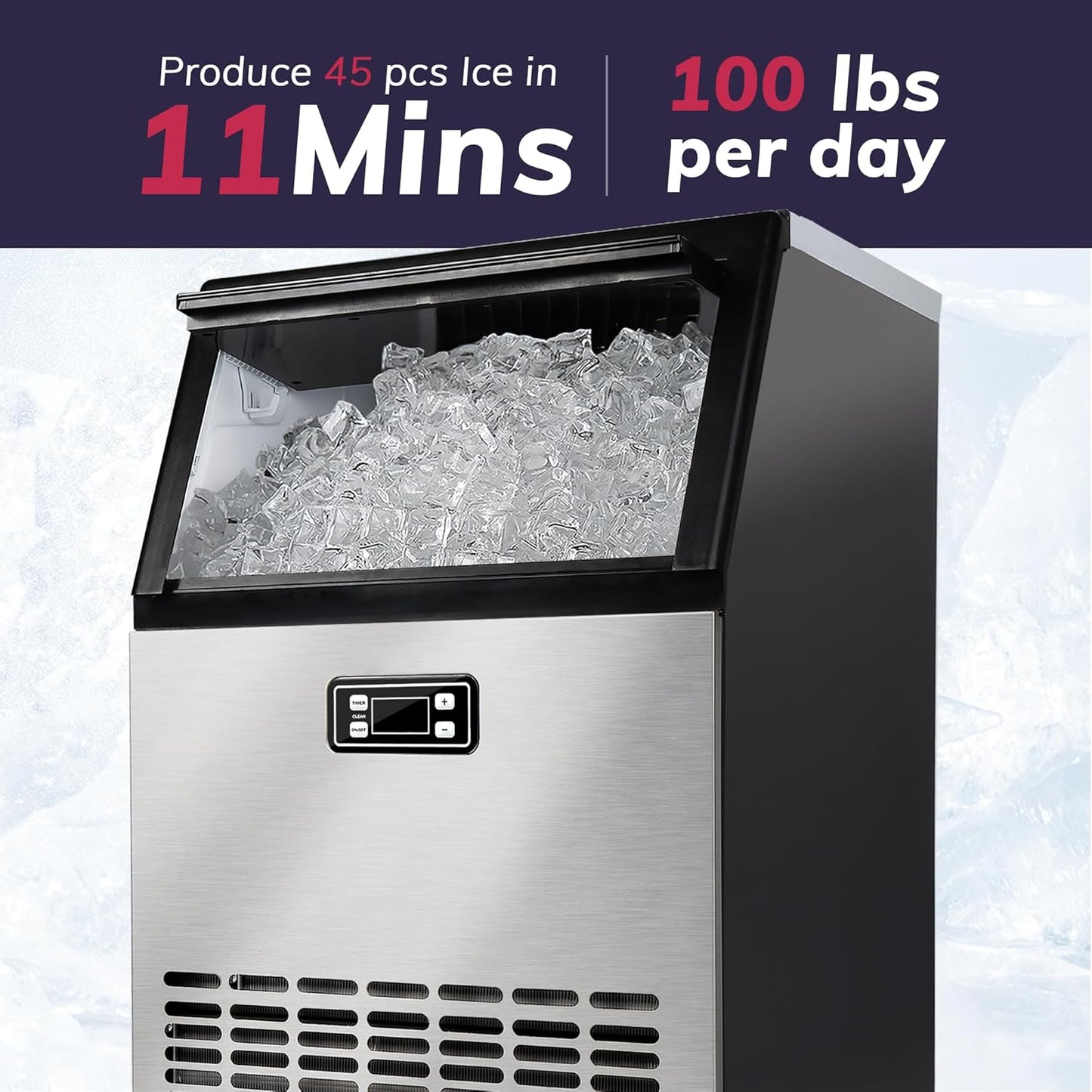 Commercial Ice Maker Machine, 100lbs/Daily Ice Production Under Counter Ice Maker, Self-Cleaning, Timer Stainless Ice Machine with 33lbs Ice Storage, Ideal for School, Home, Bar, RV