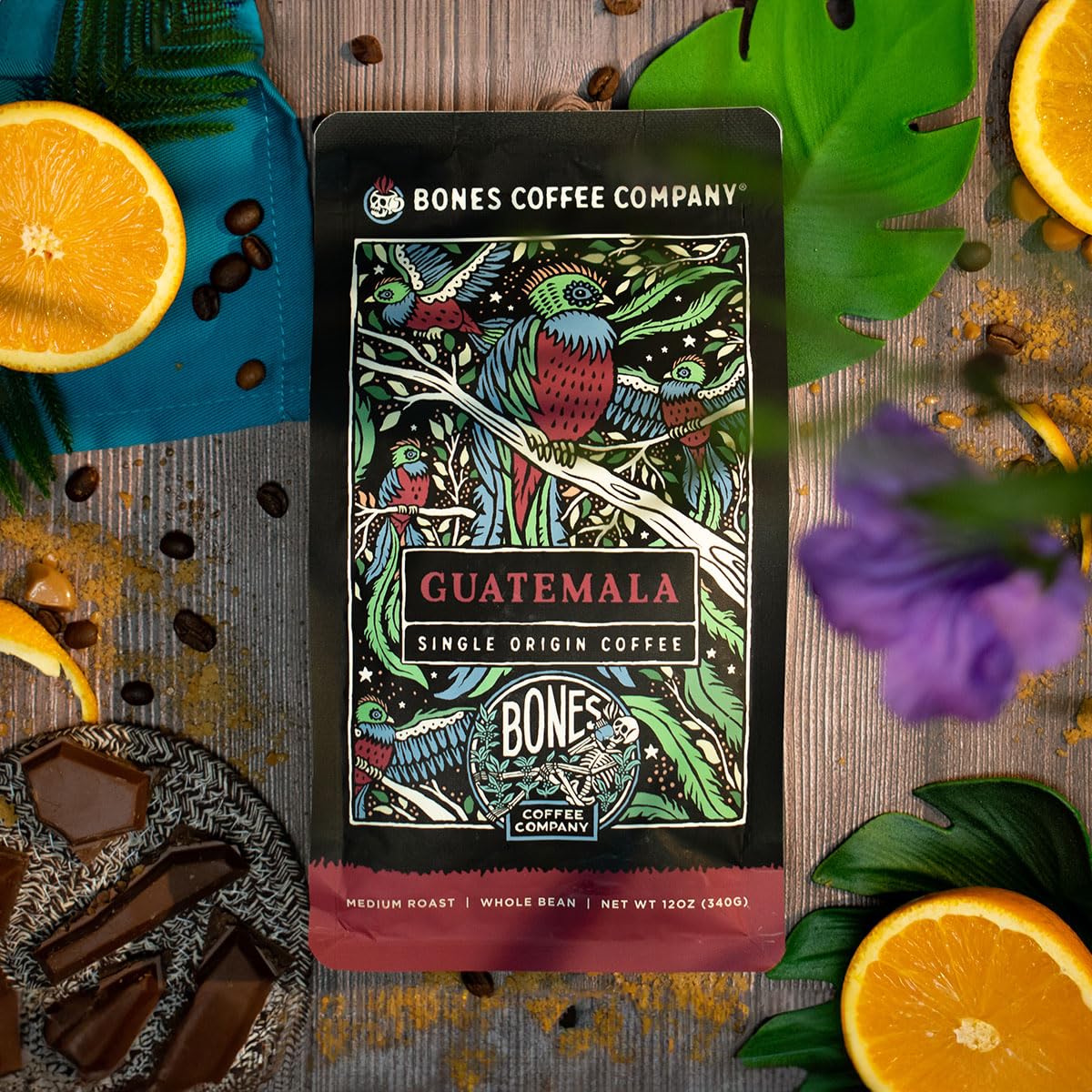 Bones Coffee Company Guatamela Single-Origin, Milk Chocolate, Citrus and Caramel Notes, Whole Coffee Beans, Low Acid Medium Roast Arabica Beans Flavored Coffee, 12 oz Whole Bean