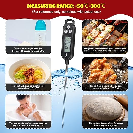 6 Pcs Instant Read Meat Thermometer with Long Probe 9.65 Inch Kitchen Cooking Food Candy Waterproof Digital Thermometer for BBQ Water Milk Yogurt Liquid Cooking(Black)