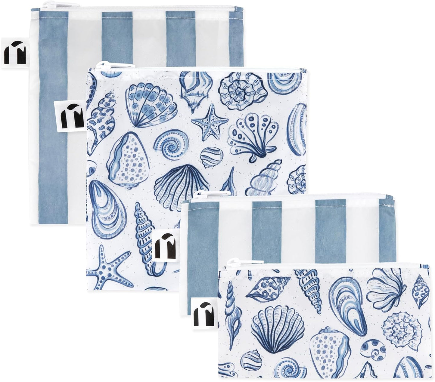 Roamio Reusable Sandwich and Snack Bags, for Kids School Lunch and for Adults Portion, Washable Fabric, Waterproof Cloth Zip Bag, Travel Pouch, Food-Safe, 4-pack Set Nautical Stripe and Blue Shells