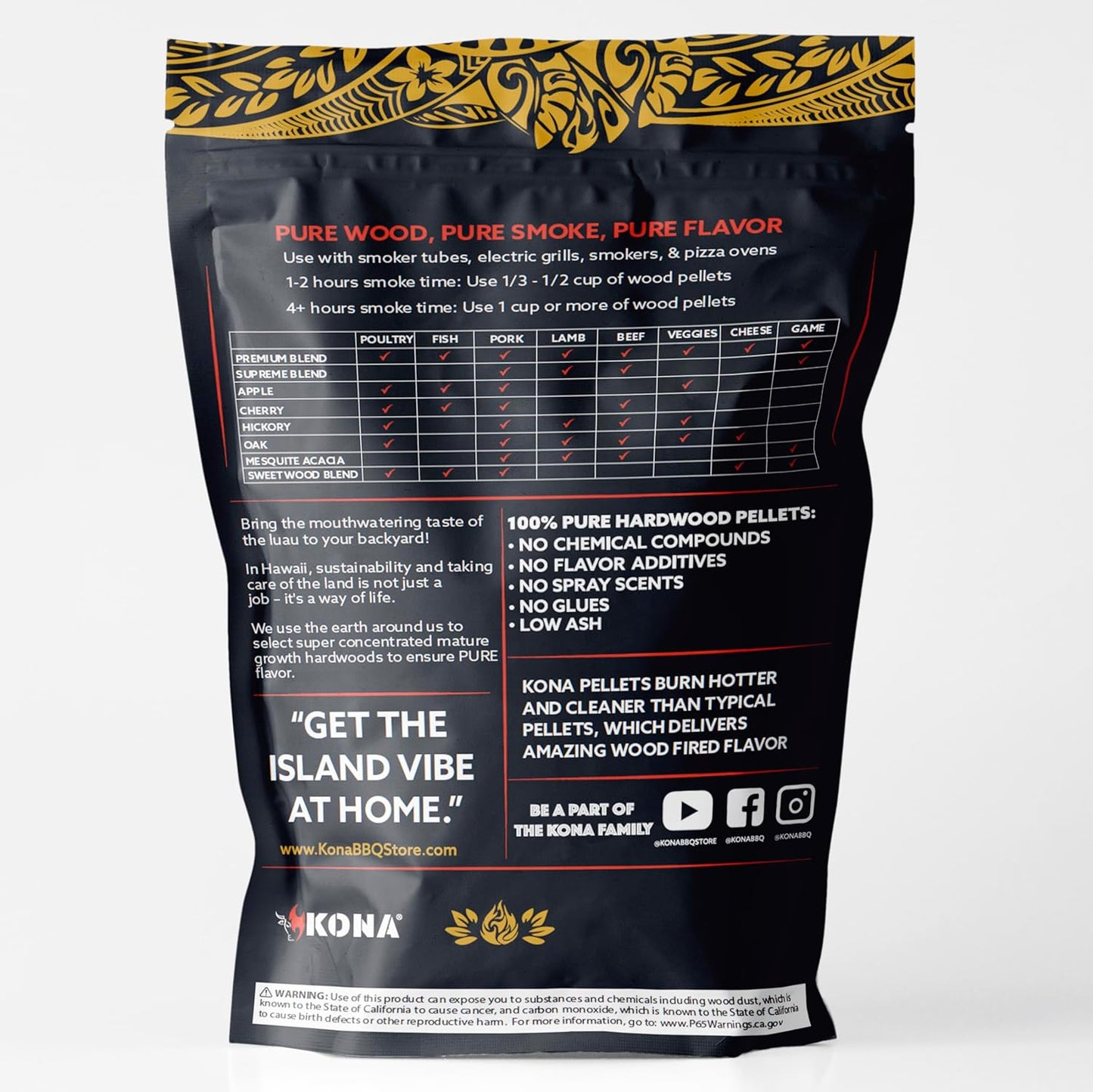 Kona Premium BBQ Wood Pellets Offer high BTU, Clean-Burning, Low-ash, and Low-Moisture for Great Flavor. No Soaking Needed. Includes 8 Varieties. Use 1/3-1/2 Cup per Session for Hours of Smoking.