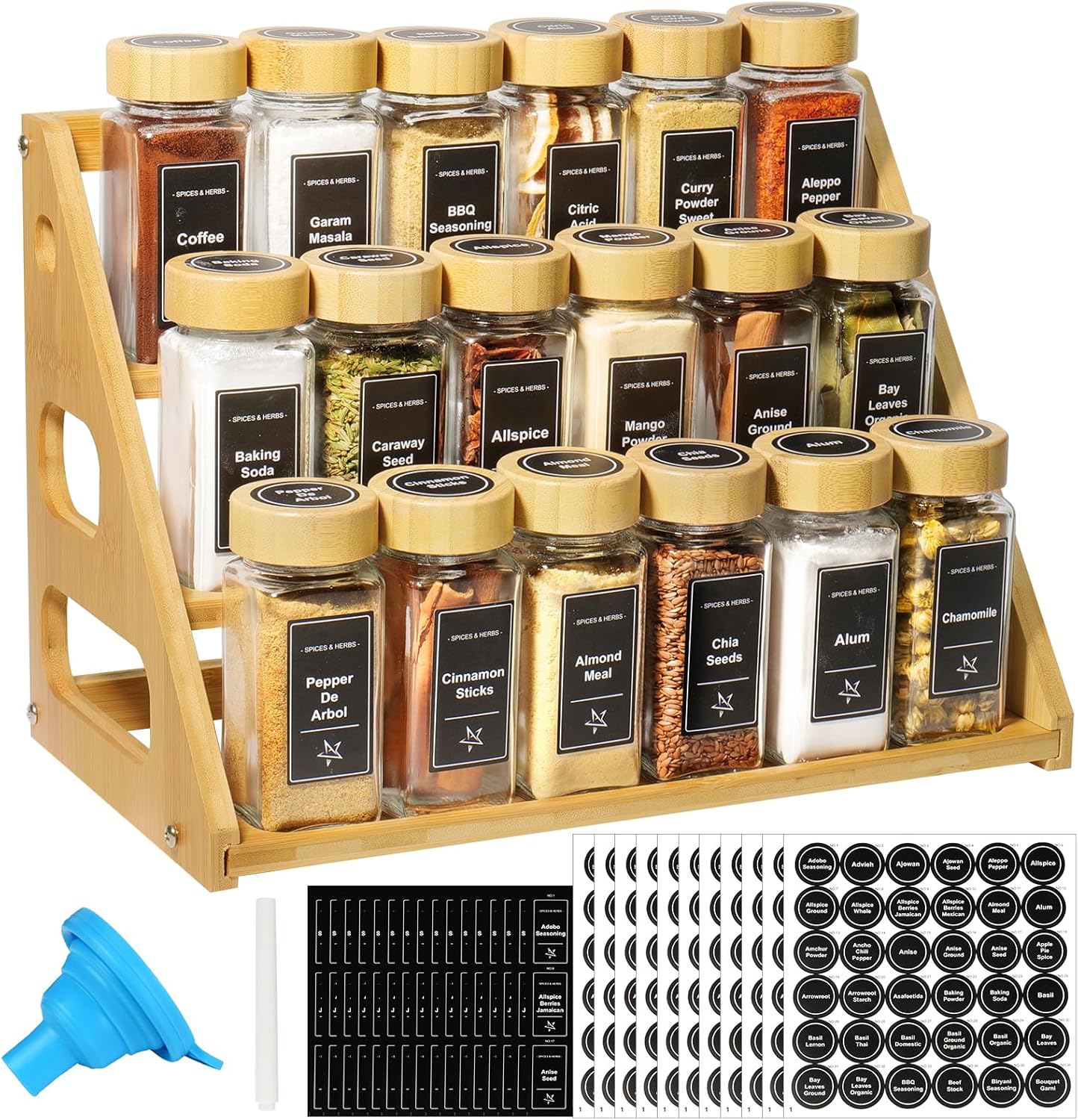 3 Tier Bamboo Spice Rack Organizer with 18 Spice Jars, 780 Labels, Wood Shelf, Chalk Marker and Funnel Set for Cabinet Kitchen Countertop, Empty 4 oz Glass Jars