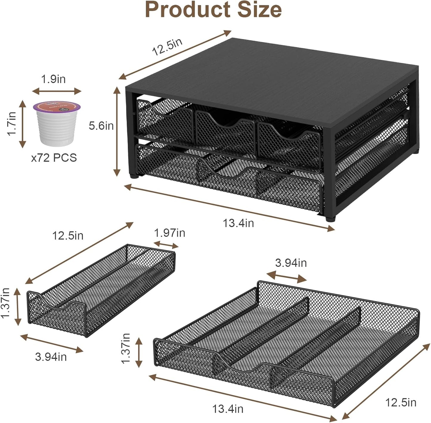 Coffee Pod Holder For Counter, 3 Pull-Out 72 K-Cup Holder Drawer, Wooden Cafe Pods Storage Organizer with Sliding Drawers for Coffee Station, Home, Kitchen, Office, Dorm, Black