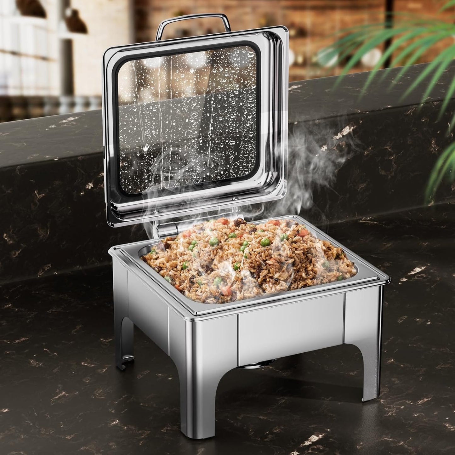 Chafing Dishes for Buffet, 6QT Square Stainless Steel Chafing Dish with Transparent Hydraulic Lid, 304 Food Pan, Buffet Warmer for Parties and Events (Silver)