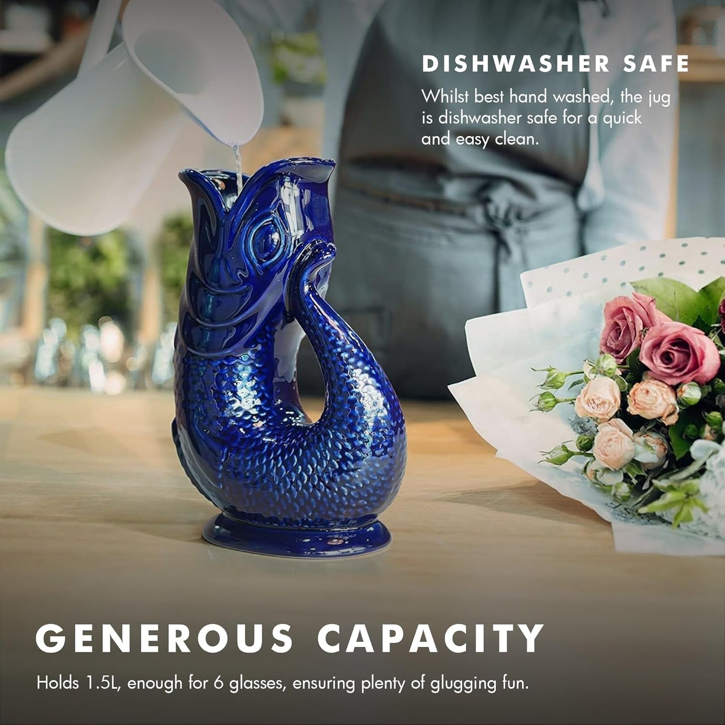 Gurgle Glug Jug The Bubble Jug® Sage Green 50 fl oz 1.5L Litre Extra Large Pitcher - Fish Shaped Jug - Decorative Ceramic Glugging Cocktail, Water and Gin Vase and Gurgling Carafe Pot