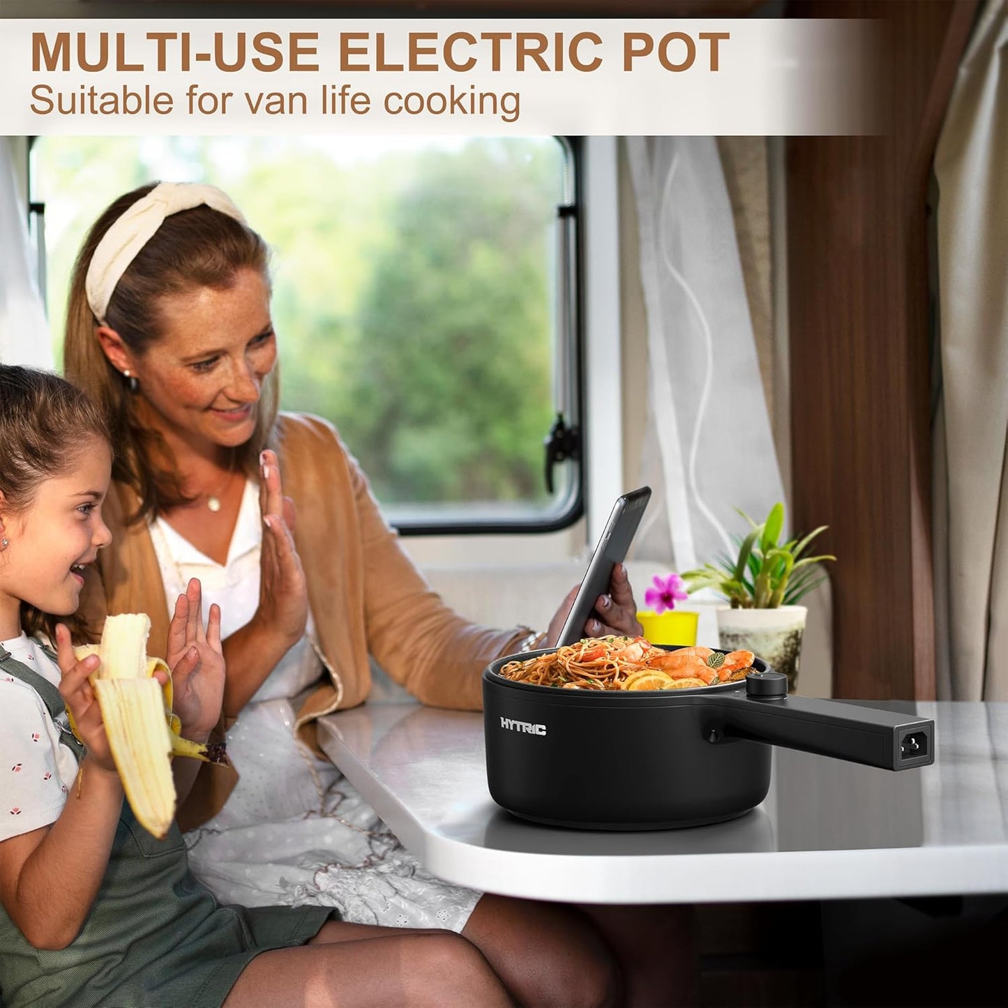 HYTRIC Hot Pot Electric, 1.5L Portable Non-stick Frying Pan, Electric Cooker for Steak, Egg, Pasta, Ramen Cooker with Dual Power Control, Mini Electric Pot for Office, Dorm Room Essential, Black