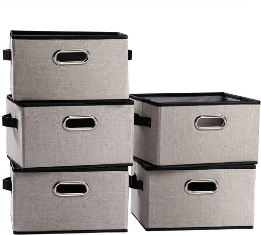 PRANDOM Fodable Storage Baskets for Closet [5-Pack] Decorative Fabric Storage Bins Cubes with Leather/Metal Handles for Shelves Bedroom Living Room Light Grey (11.5x8.5x6.7 Inch)