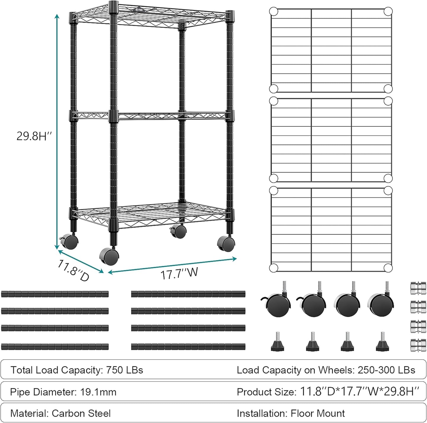 3 Tier Shelf Metal Storage Shelves Wire Rack Closet Organizers with Wheel for Garage Kitchen Bathroom Laundry Black 11.8" D x 17.7" W x 29.8" H