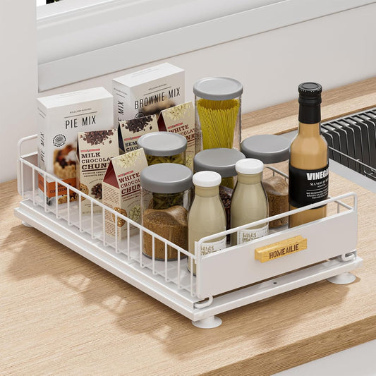 Under Sink Organizer, Single Tier Metal Pull Out Sliding Drawer Shelf for Kitchen Bathroom Cabinet Storage, Sturdy Rack – White